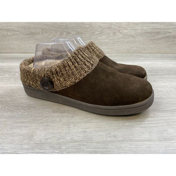 Clarks Women's Slipper Mule Clog Shoes Faux Fur Lined Knit Scuff Suede 10M Brown - Picture 1 of 10